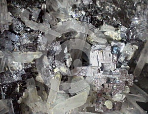 Cubic galena (lead sulphide) metallic and white quartz crystals