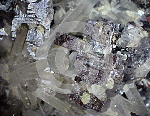Cubic galena (lead sulphide) metallic and white quartz crystals