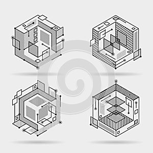 Cubic isometric abstract lines elements technical 3D background design vector illustration