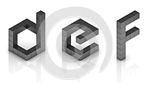 Cubical 3d font letters d e f