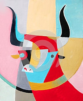 Cubist abstract painting of a colorful bull, modern style and abstract painting