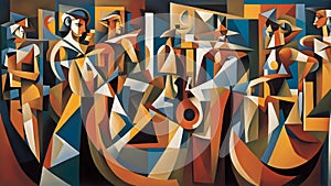 cubist abstract painting of a group of people on a geometric background