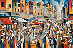 cubist abstract painting of a modern urban city market bustling with people with geometric shapes and bold colors