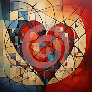 Cubist affection woven in red and blue. AI generation