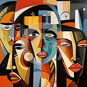 Cubist collage of enigmatic tribal faces. AI generation