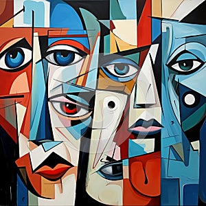 Cubist convergence of fragmented visages. AI generation