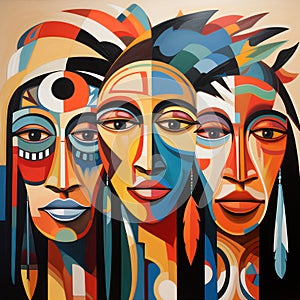 Cubist interpretation of Native American visages. AI generation