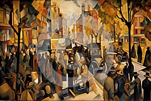 cubist painting of busy city street, with passersby and traffic visible