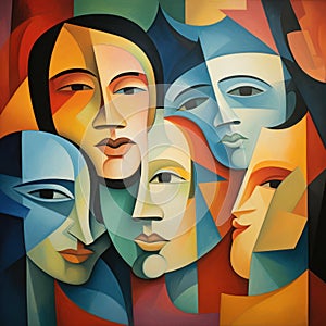 Cubist painting of serene visages intertwined with a warm, abstract color blend. AI generation