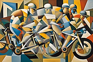 cubist style abstract painting of a group of bicycle racers