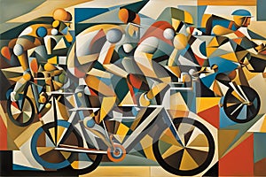 cubist style abstract painting of a group of bicycle racers