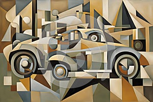 cubist style painting of an old fashioned racing cars surrounded by geometric shapes