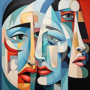 Cubist visages in a serene palette of cool tones. AI generation