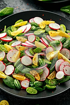 Cucamelon salad with radish, tomato, spinach and mustard dressing. Healthy food.