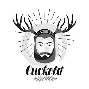 Cuckold, icon or symbol. Bearded man with horns, label. Lettering vector illustration