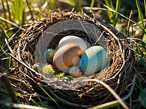 cuckoo bird thrush eggs in a nest of thin branches close-up
