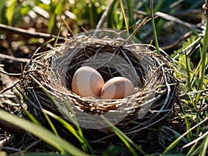 cuckoo bird thrush eggs in a nest of thin branches close-up