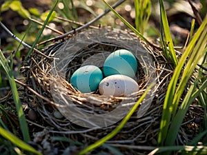 cuckoo bird thrush eggs in a nest of thin branches close-up