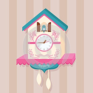 Cuckoo clock bird vector on wall flat cute