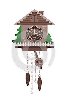 Cuckoo clock in cartoon style isolated on white background