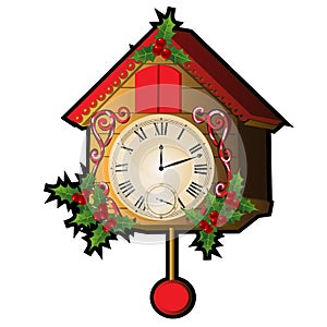 Cuckoo clock decorated with leaves and berries Holly isolated on a white background. Sketch for greeting card, festive