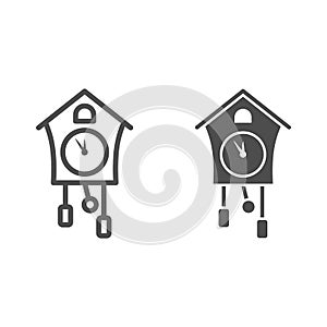Cuckoo clock line and solid icon, New Year concept, retro watch sign on white background, Vintage wall cuckoo-clock icon