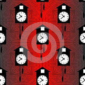 Cuckoo clock on a red background seamless vector pattern