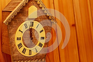 Cuckoo clock with Roman numerals on a wooden wall. Copy space.