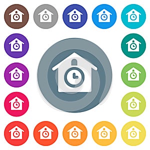 Cuckoo clock solid flat white icons on round color backgrounds