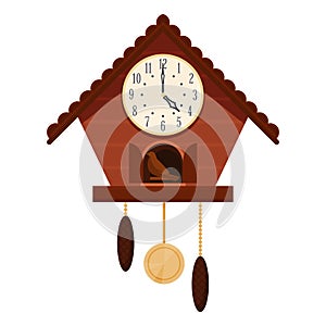 Cuckoo clock vintage wooden home decor equipment for time checking vector flat illustration