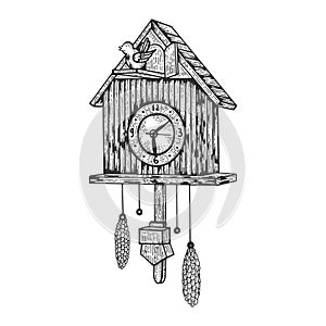 Cuckoo clock watch sketch engraving vector