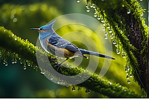 Cuckoo Perched on Moss-Covered Tree Branch, Featuring Intricately Feathered Texture - Nature Scene with Dew-Sparkled Leaves and photo