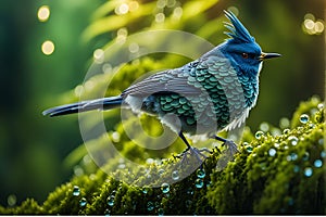 Cuckoo Perched on Moss-Covered Tree Branch, Featuring Intricately Feathered Texture - Nature Scene with Dew-Sparkled Leaves and