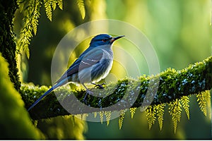 Cuckoo Perched on Moss-Covered Tree Branch, Featuring Intricately Feathered Texture - Nature Scene with Dew-Sparkled Leaves and photo