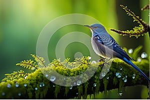 Cuckoo Perched on Moss-Covered Tree Branch, Featuring Intricately Feathered Texture - Nature Scene with Dew-Sparkled Leaves and photo