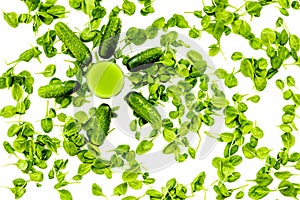 Cucumber, celeriac. Vegetables for greeny organic smoothy for sport diet on stone background top view mockup