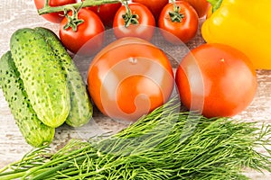 Cucumber, Cherry tomatoes, yellow bell pepper and dill. Vegetarian healthy food