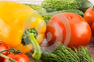 Cucumber, Cherry tomatoes, yellow bell pepper and dill. Vegetarian healthy food