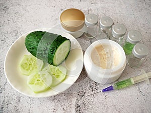 Cucumber and cream cosmetic, natural medicine for skin treatment and use in spa for skin care. Herb in nature