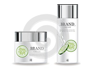 Cucumber cream moisturizer hydration Vector realistic. Product packaging mockup cosmetics. Detailed white bottles with