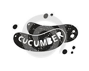 Cucumber grunge sticker. Black texture silhouette with lettering inside. Imitation of stamp, print with scuffs