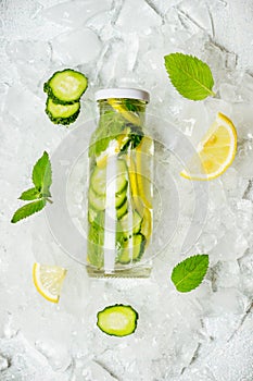 Cucumber lemon lemonade and ingredients. Lemon, ice and mint
