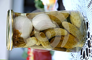 Cucumber and onion pickled in the jar