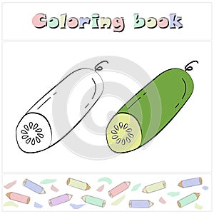 Cucumber. A page of a coloring book with a colorful vegetables and a sketch for coloring.