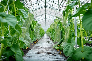 Cucumber Plants Growing Vertically in Greenhouse