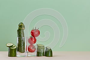 Cucumber and ripe tomato in glass. Fresh juice. Healthy lifestyle concept. Copy space. Isolated on green backdrop