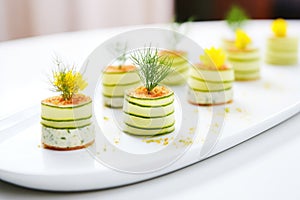 cucumber rounds layered with dill on white plate