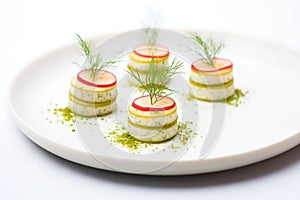 cucumber rounds layered with dill on white plate