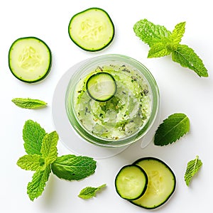 Cucumber scrub jar, showcasing crisp cucumber slices and mint leaves on a clean white