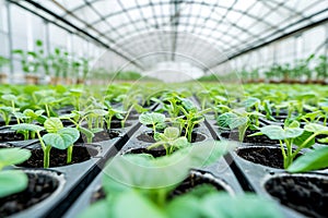 Cucumber Seedlings Growing in Greenhouse Rows